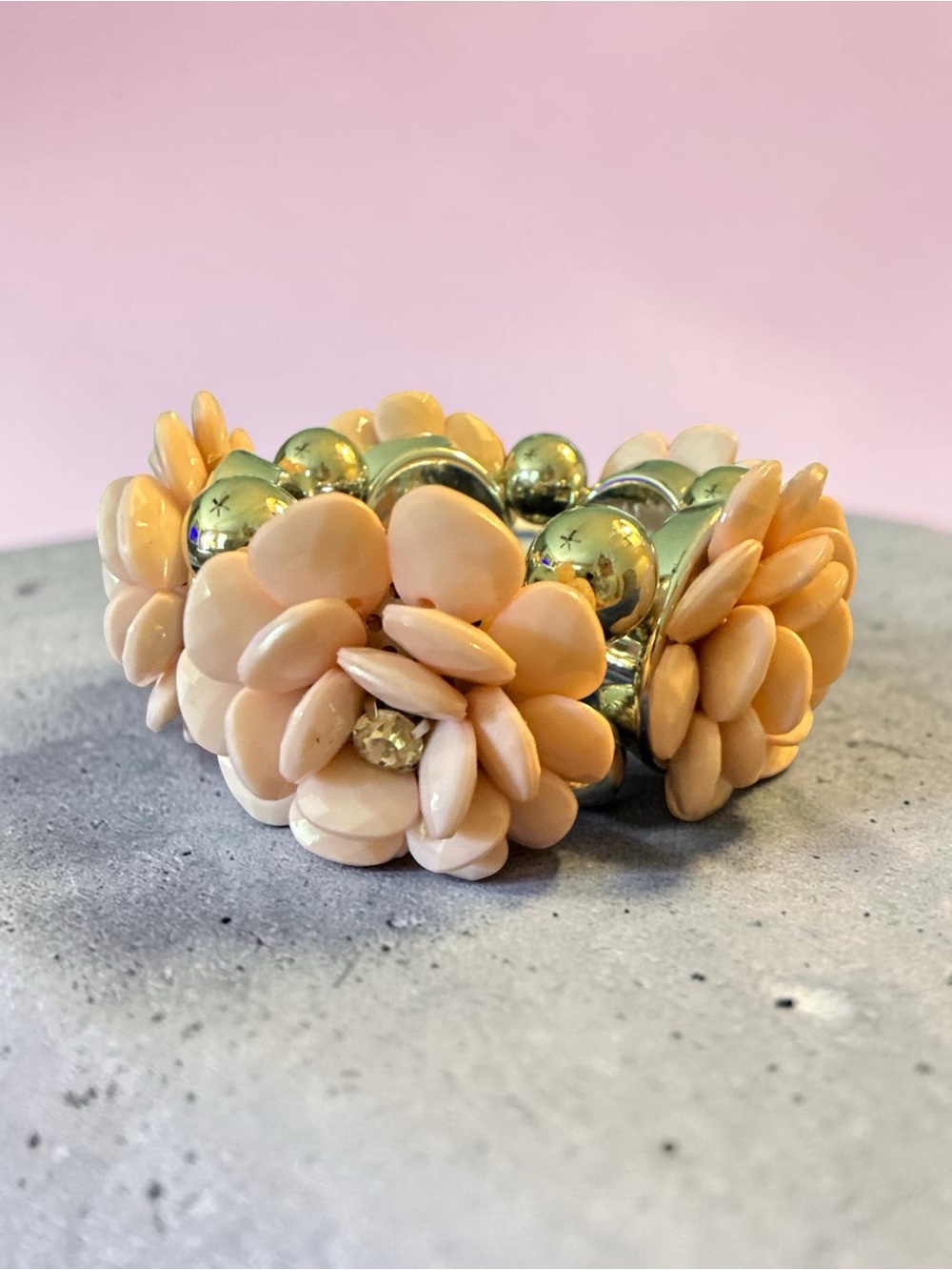 Vintage Blush Flower Stretch Bracelet Silver Tone Statement Costume Jewelry